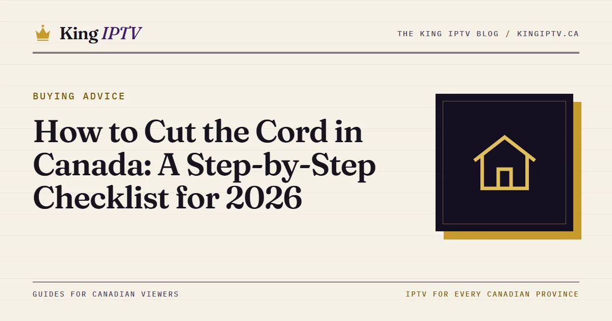 Printed cord-cutting checklist on a coffee table next to a cable box being boxed up for return and a streaming stick plugged into a TV