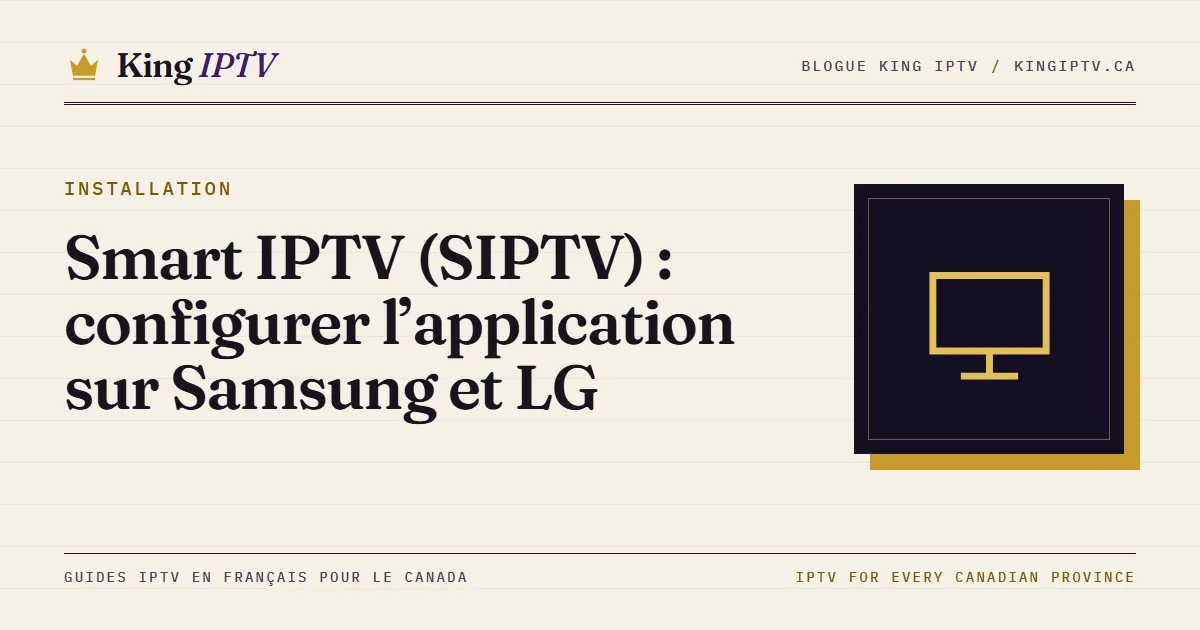 Téléviseur intelligent affichant l’écran d’accueil de Smart IPTV avec son adresse MAC, à côté d’un cellulaire ouvert sur la page de téléversement