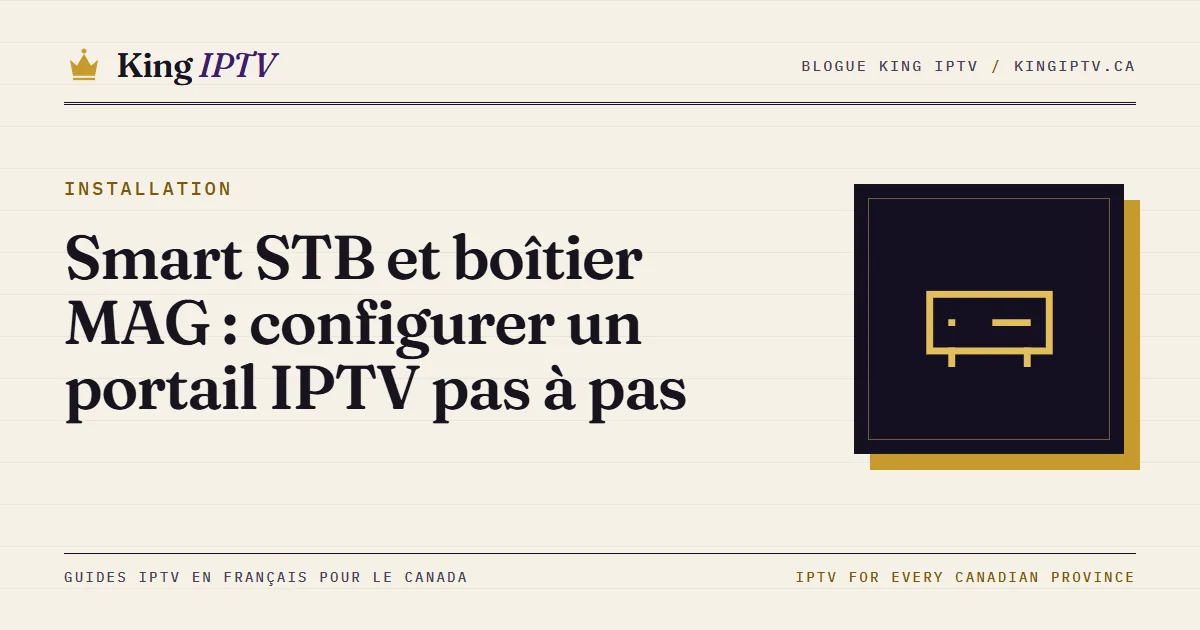 Boîtier MAG relié à un téléviseur, avec l’écran des portails où l’on entre l’URL du portail IPTV