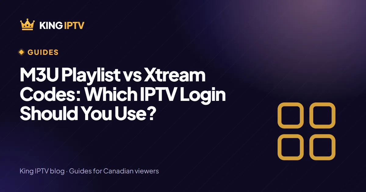 M3U playlist link compared with an Xtream Codes login screen showing server URL, username and password fields on a TV