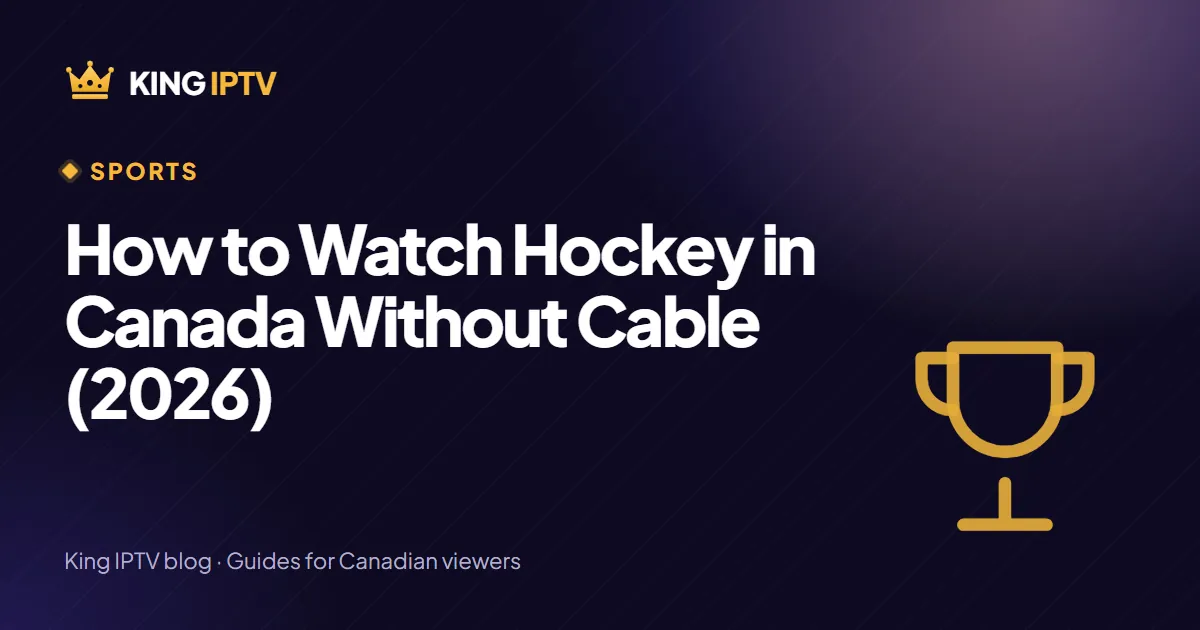Family watching a live hockey game on a living room TV through a streaming device, with no cable box under the television