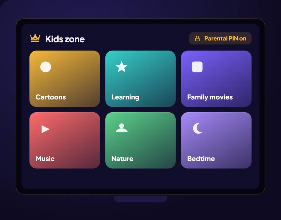 IPTV Canada for kids: King IPTV kids zone with cartoons, learning shows and family movies, locked with a parental PIN